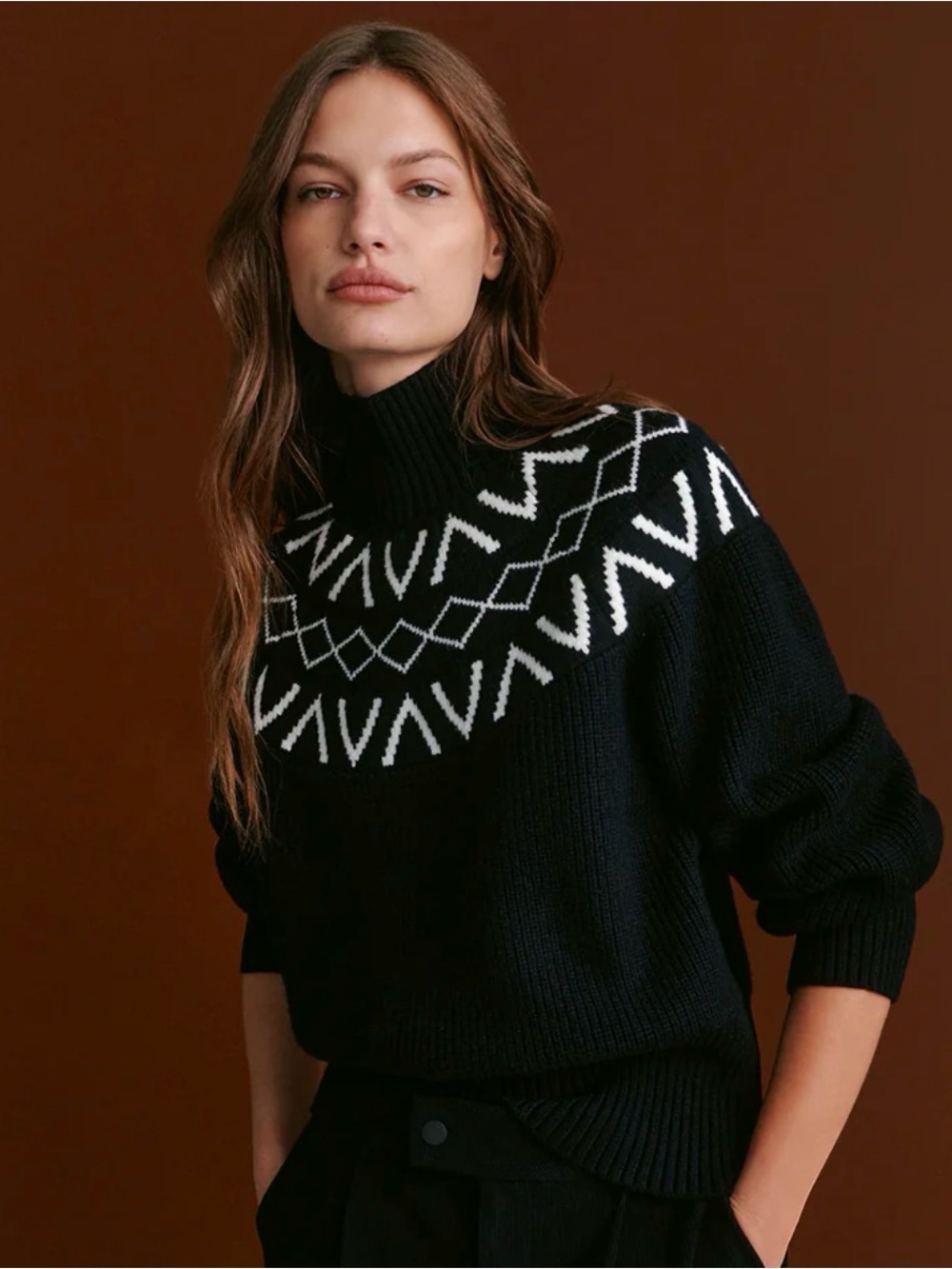 Varley Black & White Fair Isle Turtleneck Sweater